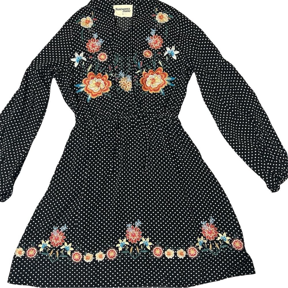 Savanna Jane Dress Small Rockabilly Polka Dot Floral Embroidered Detail Boho
